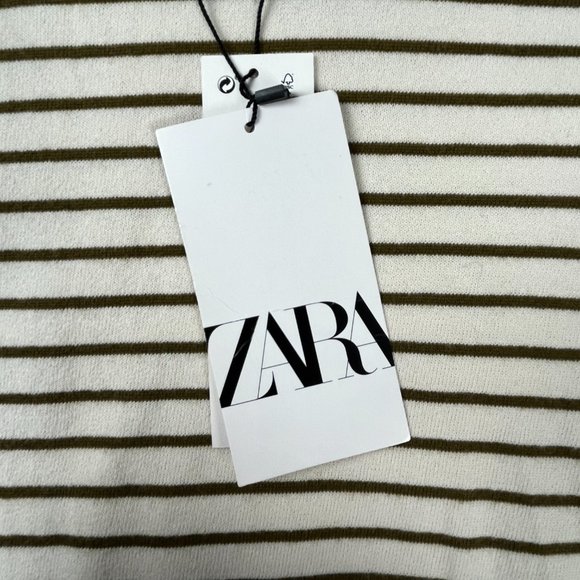Zara T Shirt Short Sleeve Striped Olive Green Cream Crew Neck Ringer Mens S NWT - Picture 3 of 4